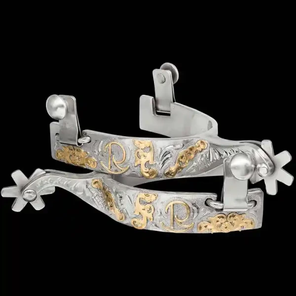 The Stagecoach Mary Set combines elegance, funcationality & quality to give you an exceptional set of spurs. They are hand engraved on the entire outside band and both sides of the shank. Detailed with German Silver scrolls and Jewelers Bronze letteri